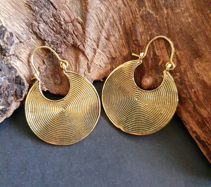 Geometric Circle Tribal Brass earrings; Boho Ethnic Rustic Indian Festival Psy Gypsy Spiral Hippie Tribal style