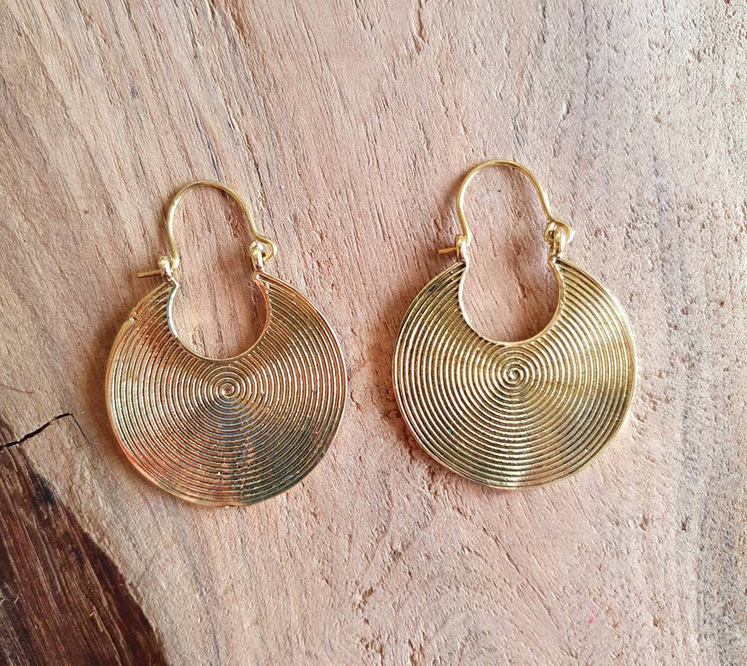 Geometric Circle Tribal Brass earrings; Boho Ethnic Rustic Indian Festival Psy Gypsy Spiral Hippie Tribal style