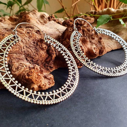 Extra Large Silver Hoop Earrings; Boho Ethnic Rustic Indian Festival Psy Gypsy Spiral Hippie style