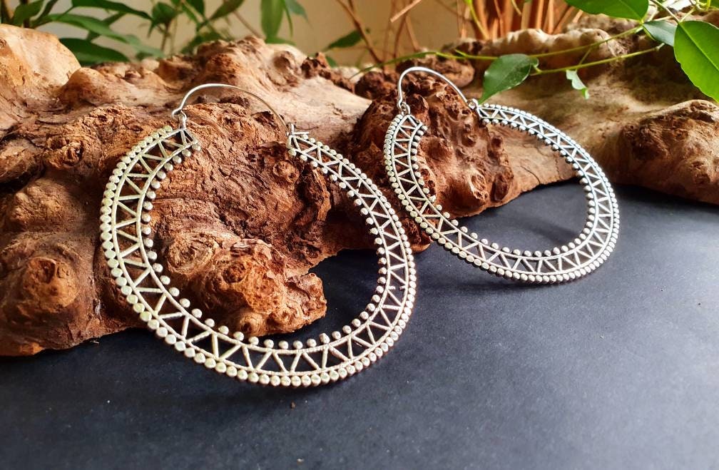 Extra Large Silver Hoop Earrings; Boho Ethnic Rustic Indian Festival Psy Gypsy Spiral Hippie style