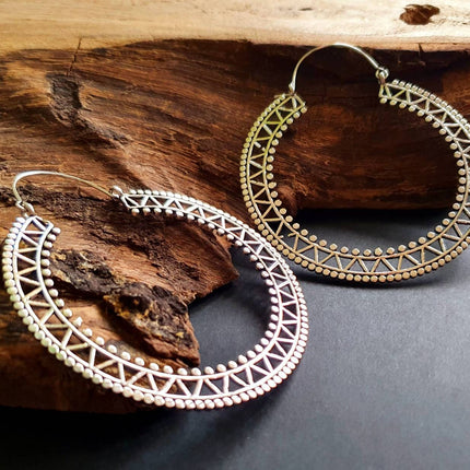 Extra Large Silver Hoop Earrings; Boho Ethnic Rustic Indian Festival Psy Gypsy Spiral Hippie style