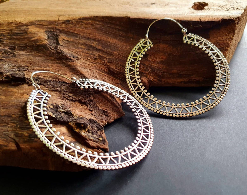 Extra Large Silver Hoop Earrings; Boho Ethnic Rustic Indian Festival Psy Gypsy Spiral Hippie style