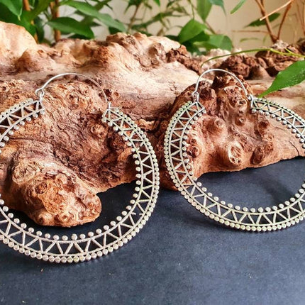 Extra Large Silver Hoop Earrings; Boho Ethnic Rustic Indian Festival Psy Gypsy Spiral Hippie style