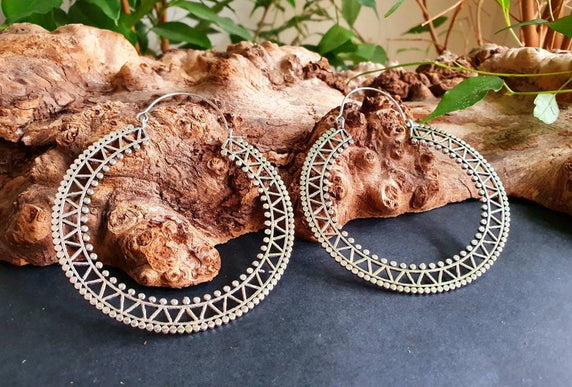 Extra Large Silver Hoop Earrings; Boho Ethnic Rustic Indian Festival Psy Gypsy Spiral Hippie style