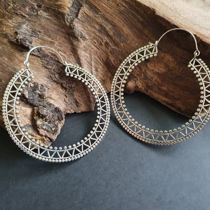 Extra Large Silver Hoop Earrings; Boho Ethnic Rustic Indian Festival Psy Gypsy Spiral Hippie style