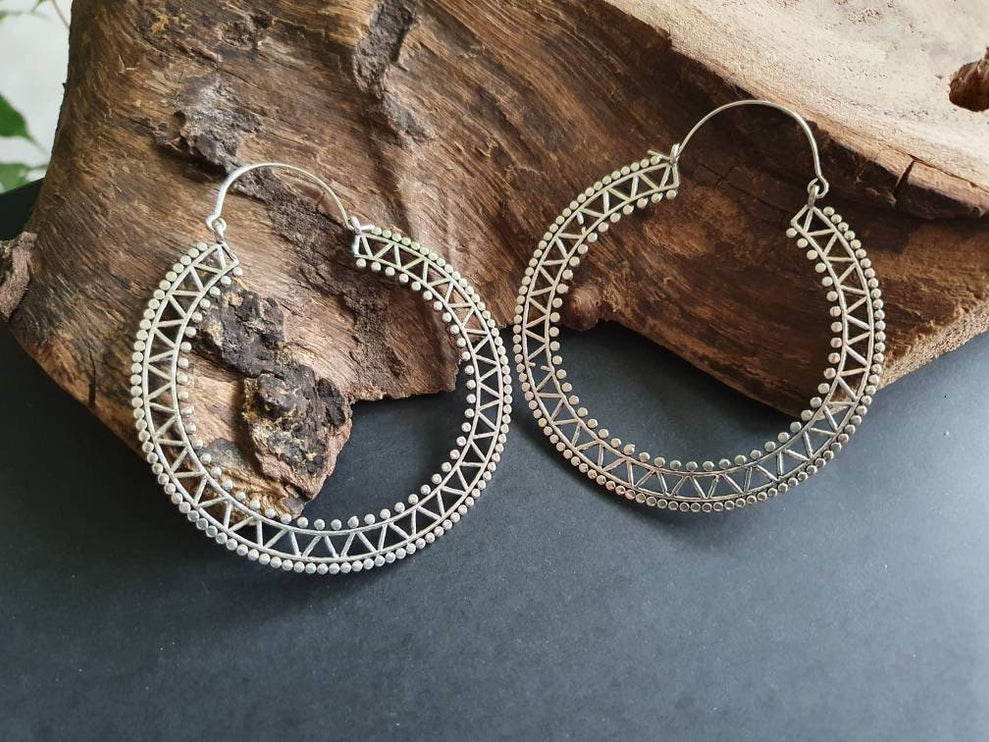 Extra Large Silver Hoop Earrings; Boho Ethnic Rustic Indian Festival Psy Gypsy Spiral Hippie style