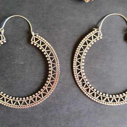 Extra Large Silver Hoop Earrings; Boho Ethnic Rustic Indian Festival Psy Gypsy Spiral Hippie style