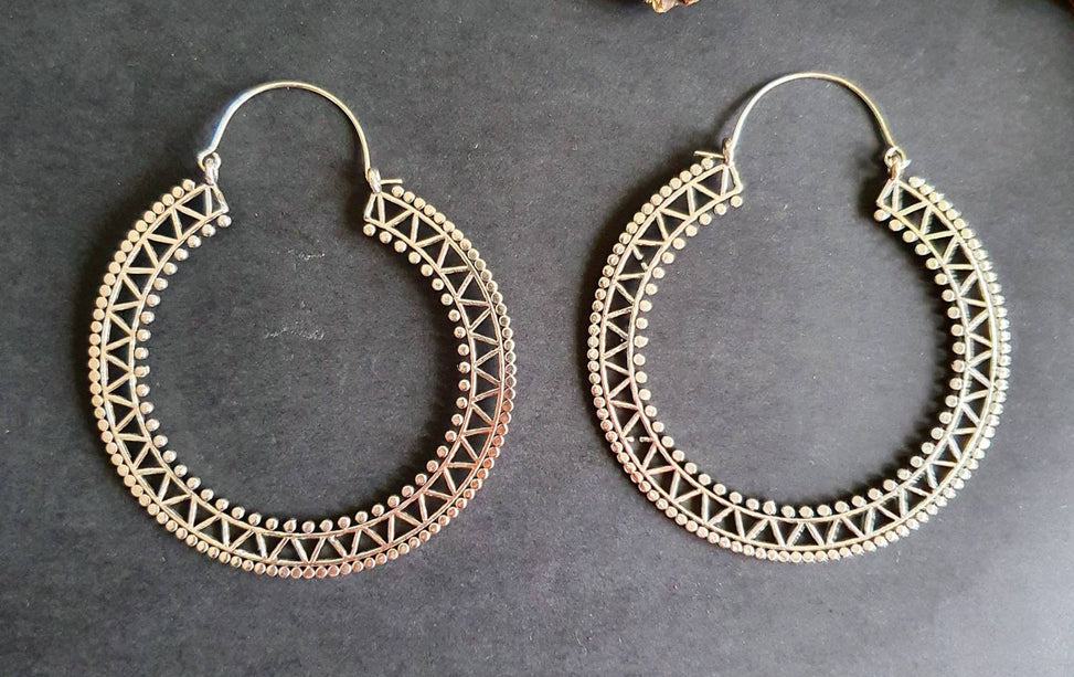 Extra Large Silver Hoop Earrings; Boho Ethnic Rustic Indian Festival Psy Gypsy Spiral Hippie style