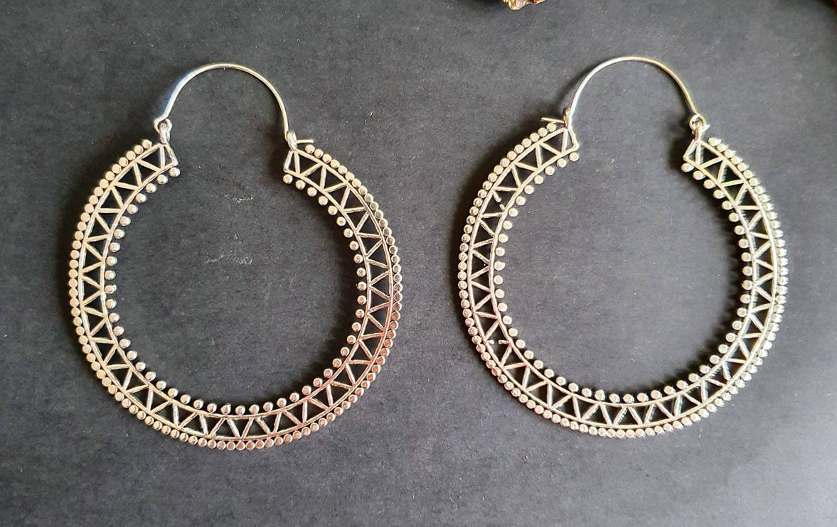 Extra Large Silver Hoop Earrings; Boho Ethnic Rustic Indian Festival Psy Gypsy Spiral Hippie style