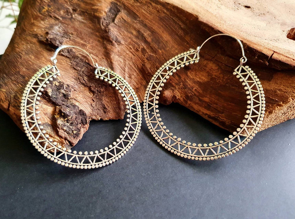 Extra Large Silver Hoop Earrings; Boho Ethnic Rustic Indian Festival Psy Gypsy Spiral Hippie style