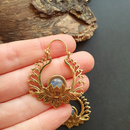 Golden Lotus Flower Labradorite Earrings rustic, yoga, hippie, gypsy, pretty, psy, boho, bohemian, festival