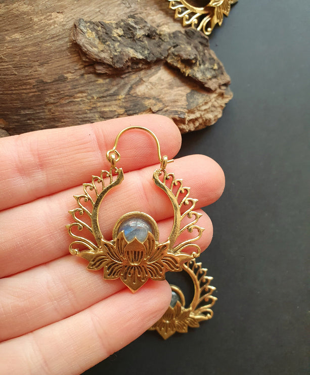 Golden Lotus Flower Labradorite Earrings rustic, yoga, hippie, gypsy, pretty, psy, boho, bohemian, festival