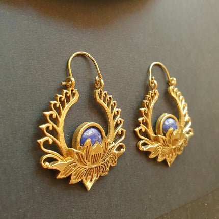 Golden Lotus Flower Lapis Lazuli Earrings rustic, yoga, hippie, gypsy, pretty, psy, boho, bohemian, festival