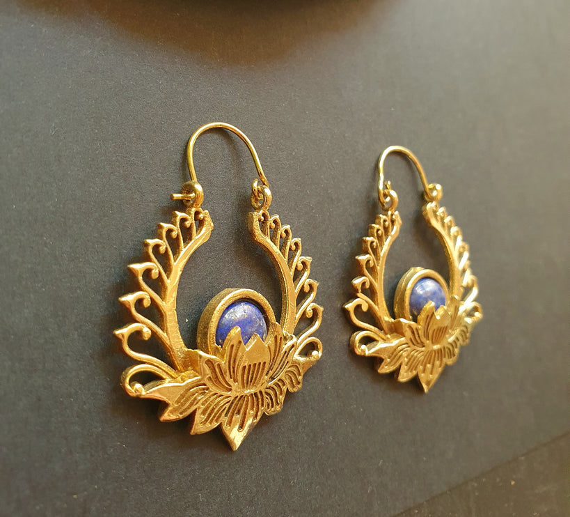 Golden Lotus Flower Lapis Lazuli Earrings rustic, yoga, hippie, gypsy, pretty, psy, boho, bohemian, festival