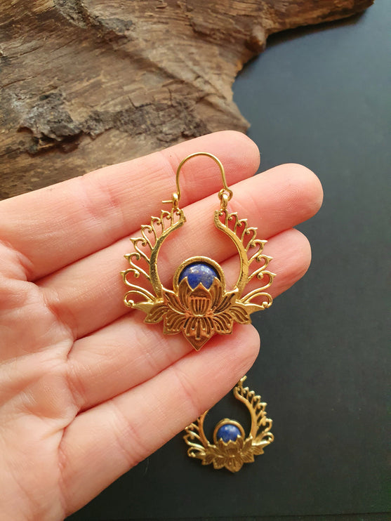 Golden Lotus Flower Lapis Lazuli Earrings rustic, yoga, hippie, gypsy, pretty, psy, boho, bohemian, festival