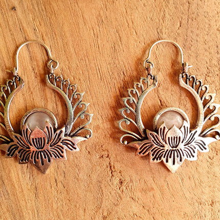 Silver Lotus Flower Moonstone Earrings rustic, yoga, hippie, gypsy, pretty, psy, boho, bohemian, festival