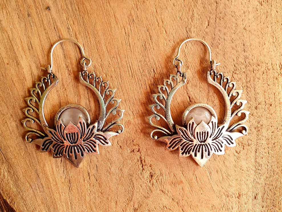 Silver Lotus Flower Moonstone Earrings rustic, yoga, hippie, gypsy, pretty, psy, boho, bohemian, festival