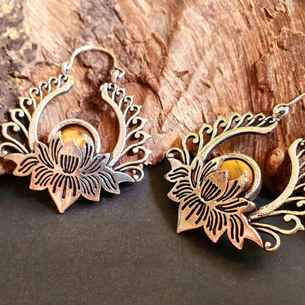 Silver Lotus Flower Tiger Eye Earrings rustic, yoga, hippie, gypsy, pretty, psy, boho, bohemian, festival