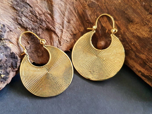 Geometric Circle Tribal Brass earrings; Boho Ethnic Rustic Indian Festival Psy Gypsy Spiral Hippie Tribal style