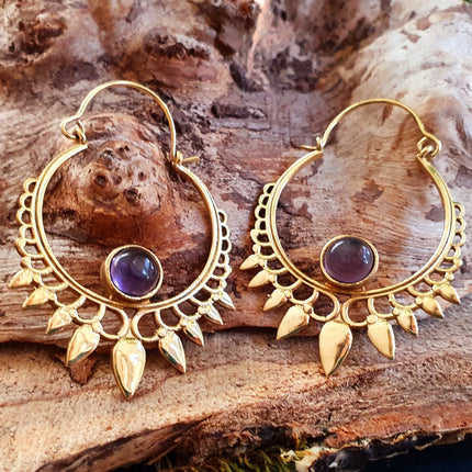 Amethyst & Brass Spiky Hoop Earrings Ethnic, rustic, yoga, hippie, gypsy, pretty, psy, boho, bohemian, festival