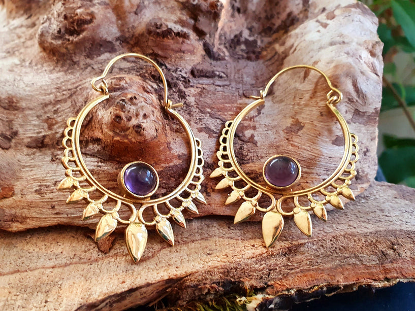 Amethyst & Brass Spiky Hoop Earrings Ethnic, rustic, yoga, hippie, gypsy, pretty, psy, boho, bohemian, festival