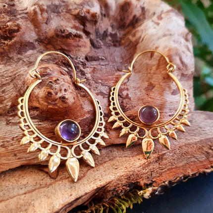 Amethyst & Brass Spiky Hoop Earrings Ethnic, rustic, yoga, hippie, gypsy, pretty, psy, boho, bohemian, festival