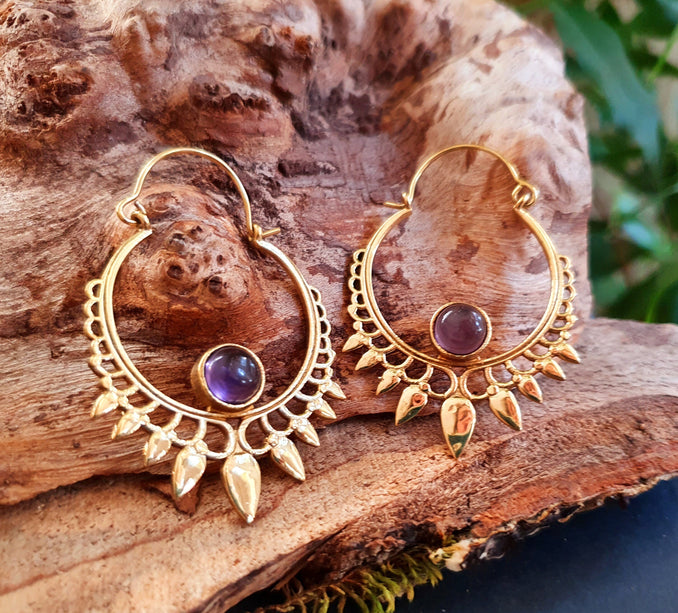 Amethyst & Brass Spiky Hoop Earrings Ethnic, rustic, yoga, hippie, gypsy, pretty, psy, boho, bohemian, festival
