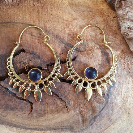 Amethyst & Brass Spiky Hoop Earrings Ethnic, rustic, yoga, hippie, gypsy, pretty, psy, boho, bohemian, festival