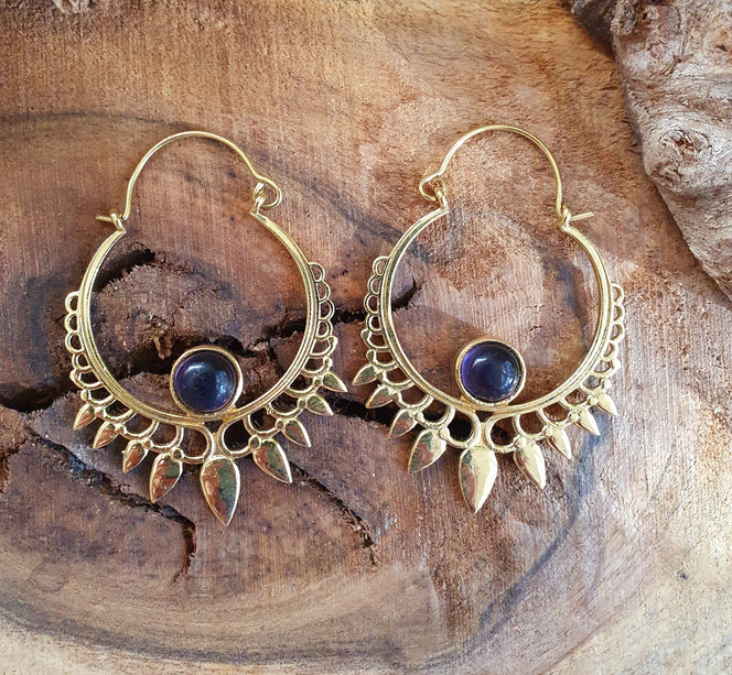 Amethyst & Brass Spiky Hoop Earrings Ethnic, rustic, yoga, hippie, gypsy, pretty, psy, boho, bohemian, festival