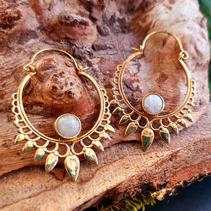 Moonstone & Brass Spiky Hoop Earrings Ethnic, rustic, yoga, hippie, gypsy, pretty, psy, boho, bohemian, festival