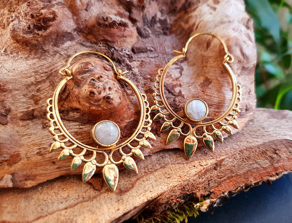 Moonstone & Brass Spiky Hoop Earrings Ethnic, rustic, yoga, hippie, gypsy, pretty, psy, boho, bohemian, festival