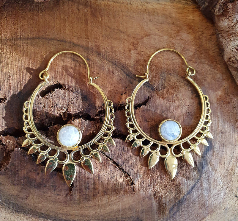 Moonstone & Brass Spiky Hoop Earrings Ethnic, rustic, yoga, hippie, gypsy, pretty, psy, boho, bohemian, festival