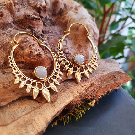 Moonstone & Brass Spiky Hoop Earrings Ethnic, rustic, yoga, hippie, gypsy, pretty, psy, boho, bohemian, festival