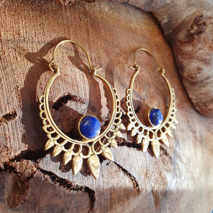 Lapis Lazuli & Brass Spiky Hoop Earrings Ethnic, rustic, yoga, hippie, gypsy, pretty, psy, boho, bohemian, festival