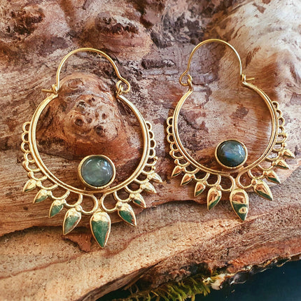 Labradorite & Brass Spiky Hoop Earrings Ethnic, rustic, yoga, hippie, gypsy, pretty, psy, boho, bohemian, festival