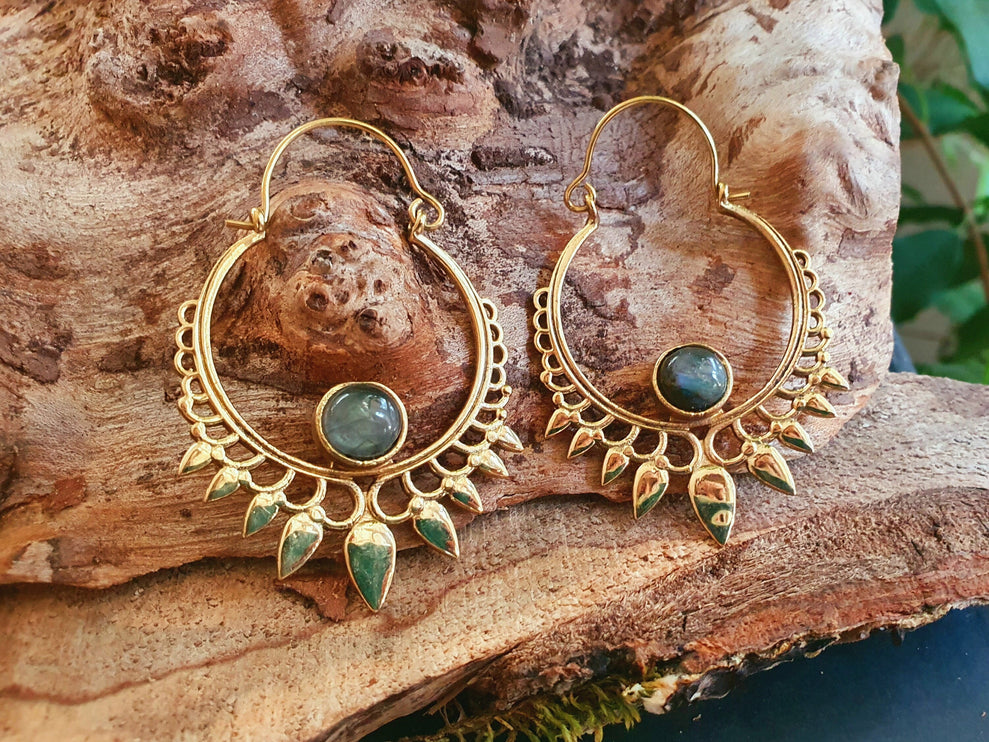 Labradorite & Brass Spiky Hoop Earrings Ethnic, rustic, yoga, hippie, gypsy, pretty, psy, boho, bohemian, festival