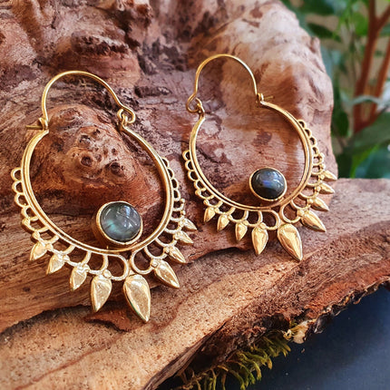 Labradorite & Brass Spiky Hoop Earrings Ethnic, rustic, yoga, hippie, gypsy, pretty, psy, boho, bohemian, festival