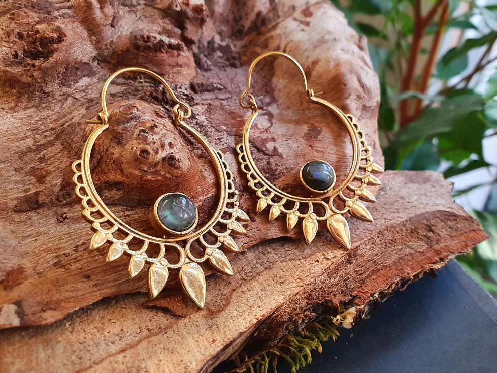 Labradorite & Brass Spiky Hoop Earrings Ethnic, rustic, yoga, hippie, gypsy, pretty, psy, boho, bohemian, festival