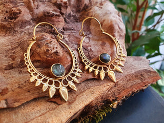 Labradorite & Brass Spiky Hoop Earrings Ethnic, rustic, yoga, hippie, gypsy, pretty, psy, boho, bohemian, festival
