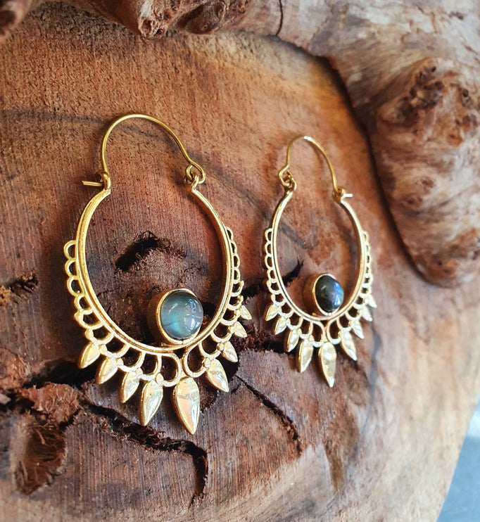 Labradorite & Brass Spiky Hoop Earrings Ethnic, rustic, yoga, hippie, gypsy, pretty, psy, boho, bohemian, festival