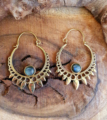 Labradorite & Brass Spiky Hoop Earrings Ethnic, rustic, yoga, hippie, gypsy, pretty, psy, boho, bohemian, festival