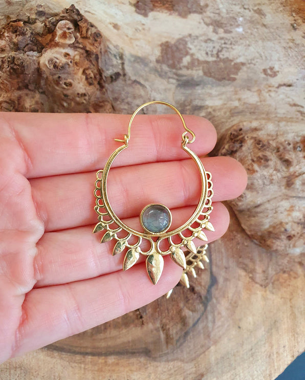 Labradorite & Brass Spiky Hoop Earrings Ethnic, rustic, yoga, hippie, gypsy, pretty, psy, boho, bohemian, festival