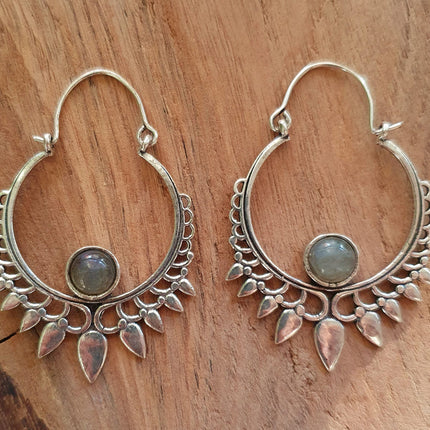 Labradorite Silver Spiky Hoop Earrings Ethnic, rustic, yoga, hippie, gypsy, pretty, psy, boho, bohemian, festival