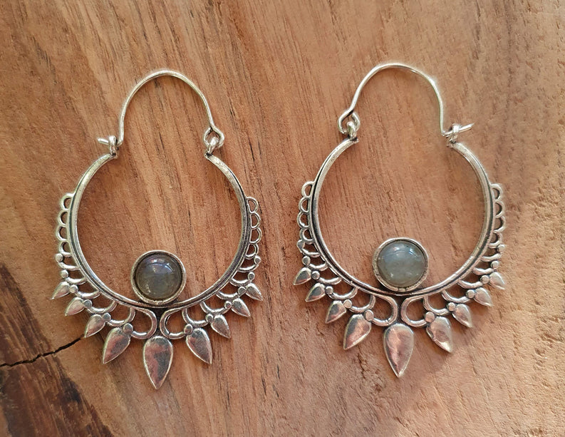 Labradorite Silver Spiky Hoop Earrings Ethnic, rustic, yoga, hippie, gypsy, pretty, psy, boho, bohemian, festival