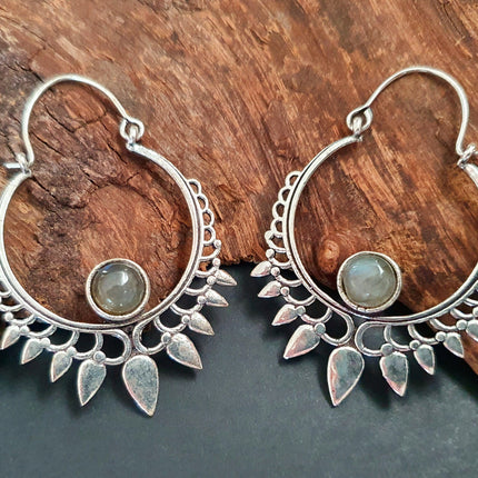 Labradorite Silver Spiky Hoop Earrings Ethnic, rustic, yoga, hippie, gypsy, pretty, psy, boho, bohemian, festival
