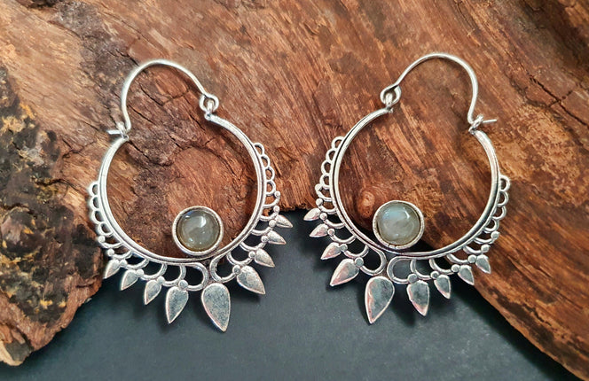 Labradorite Silver Spiky Hoop Earrings Ethnic, rustic, yoga, hippie, gypsy, pretty, psy, boho, bohemian, festival