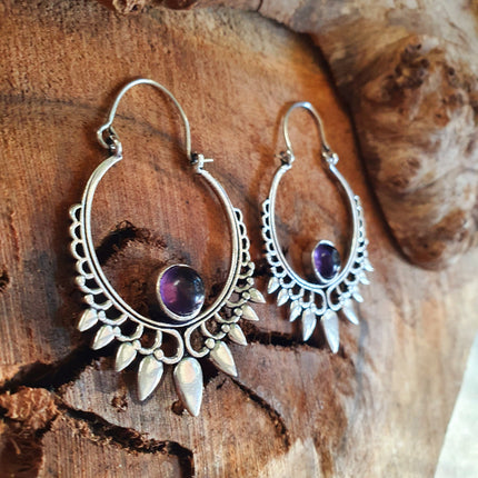 Amethyst Silver Spiky Hoop Earrings Ethnic, rustic, yoga, hippie, gypsy, pretty, psy, boho, bohemian, festival