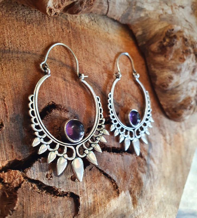 Amethyst Silver Spiky Hoop Earrings Ethnic, rustic, yoga, hippie, gypsy, pretty, psy, boho, bohemian, festival