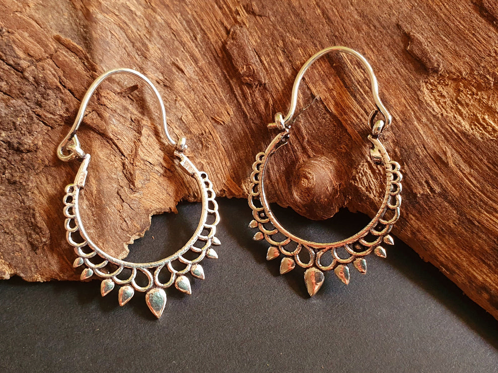 Small Boho Silver Hoop Earrings; Ethnic, Geometric, Small, Rustic, Yoga, Hippie, Gypsy, Pretty, Ssy, Boho, Bohemian, Festival