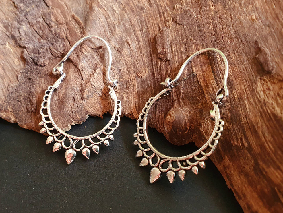 Small Boho Silver Hoop Earrings; Ethnic, Geometric, Small, Rustic, Yoga, Hippie, Gypsy, Pretty, Ssy, Boho, Bohemian, Festival